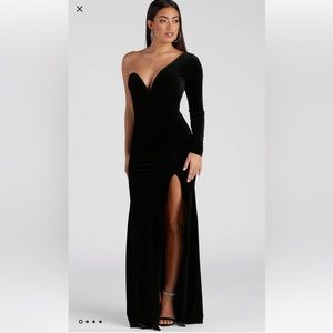 Windsor, one sleeve black velvet dress. Worn once.